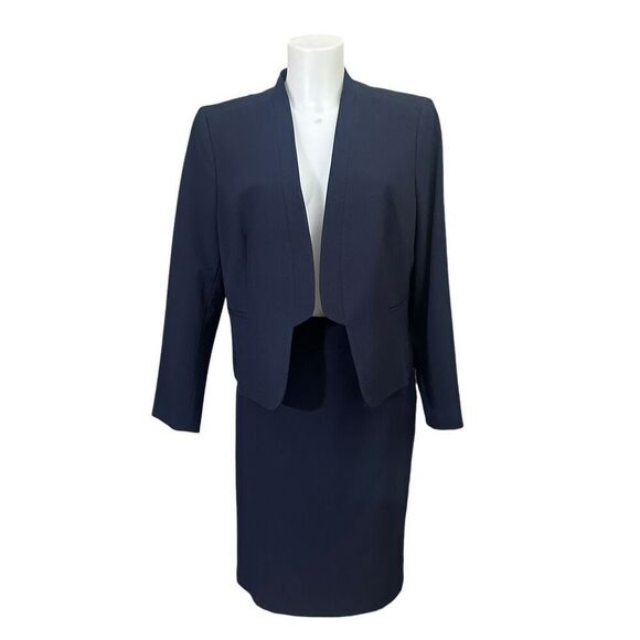 NINE WEST Navy 2 Piece Open‎ Front Blazer & A-line Skirt Set sz 12/ 10 NEW - Picture 1 of 13